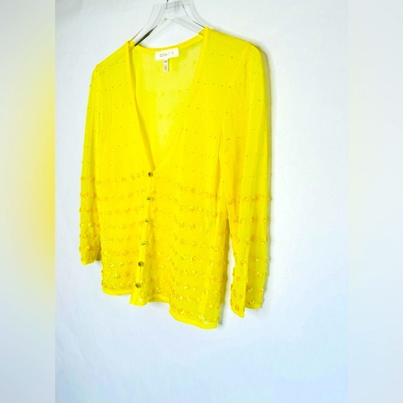 ESCADA Mesh Sequined Beaded Sheer Knit Bright Yellow Cardigan Sweater Size 38 - Picture 4 of 15